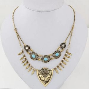 Boho Statement Necklace  Gold Tone Tribal Pendant w/ Turquoise Accents NEW
